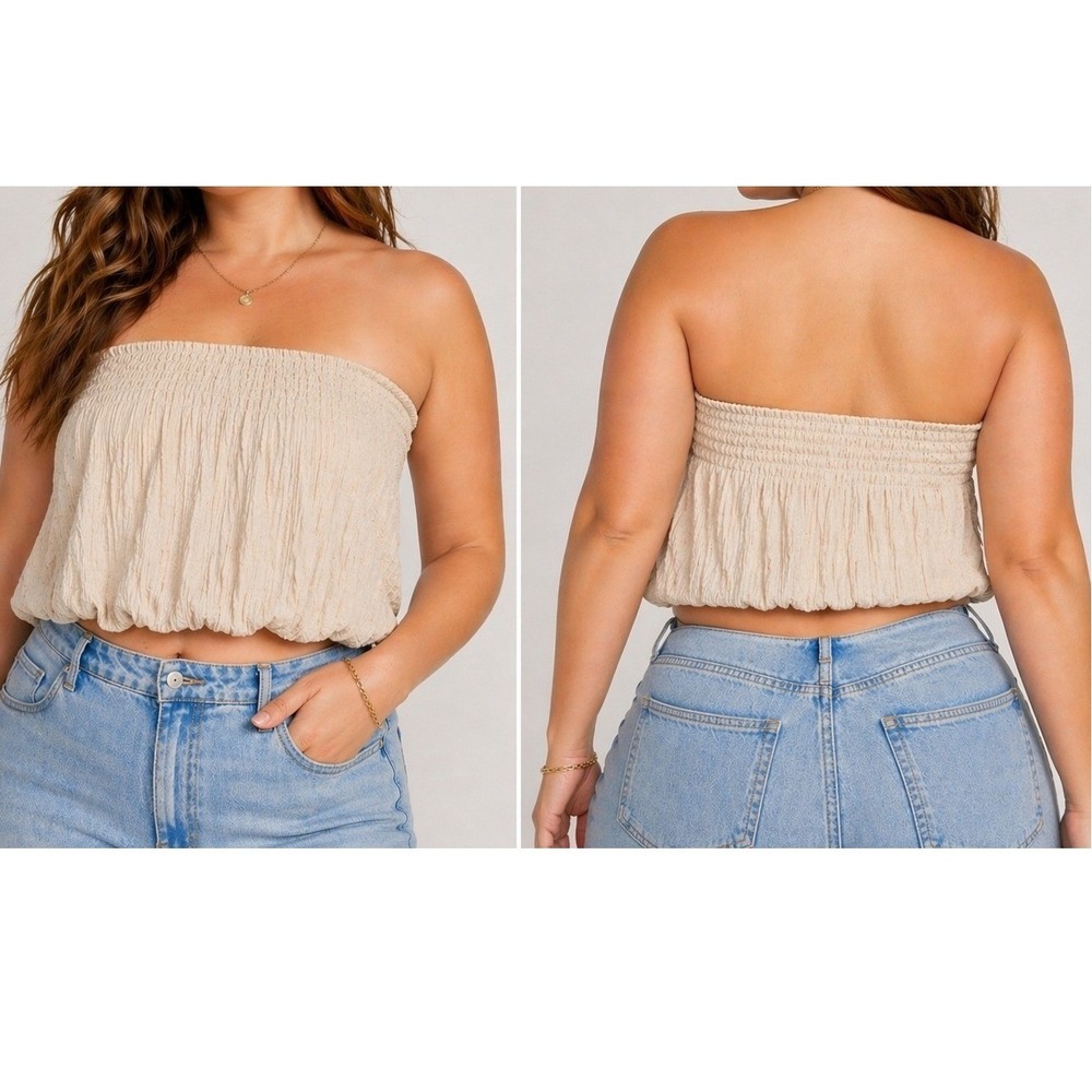 Universal Thread Womens Tan Gauze Tube Top XXL Smocked Strapless‎ Boho NWT